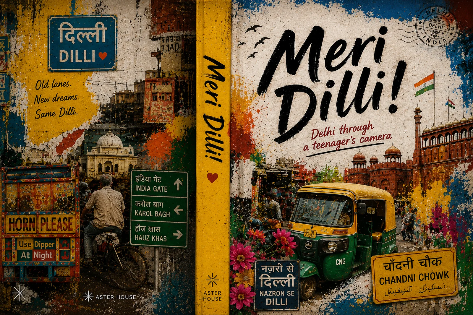 The full jacket for Meri Dilli!, showing back cover, spine and front cover as a single spread.