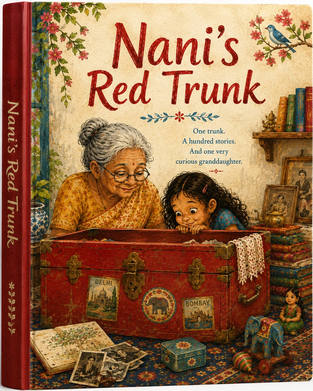 Cover of Nani's Red Trunk — an illustrated hardback showing a grandmother and granddaughter looking into an old red travelling trunk.