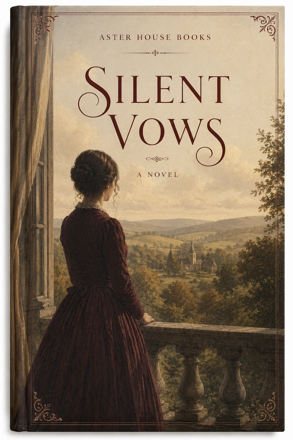 Cover of Silent Vows, a novel — a woman in a burgundy dress looking out from a balcony over a valley, with the title set in a high-contrast serif.