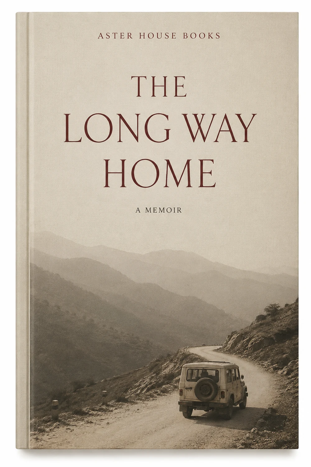 Cover of The Long Way Home, a memoir — a sepia photograph of a jeep on a mountain road, with the title set in burgundy on linen-textured board.