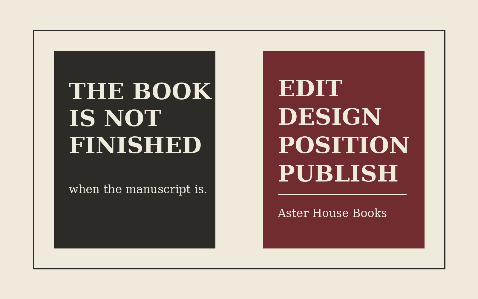 An editorial desk with a manuscript, book jacket and production notes in ivory, charcoal and burgundy.